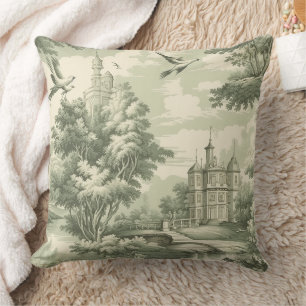 Historic Green French Scenic Toile Pattern Cushion