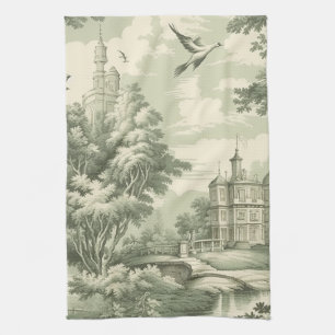 Historic Green French Scenic Toile Pattern Tea Towel