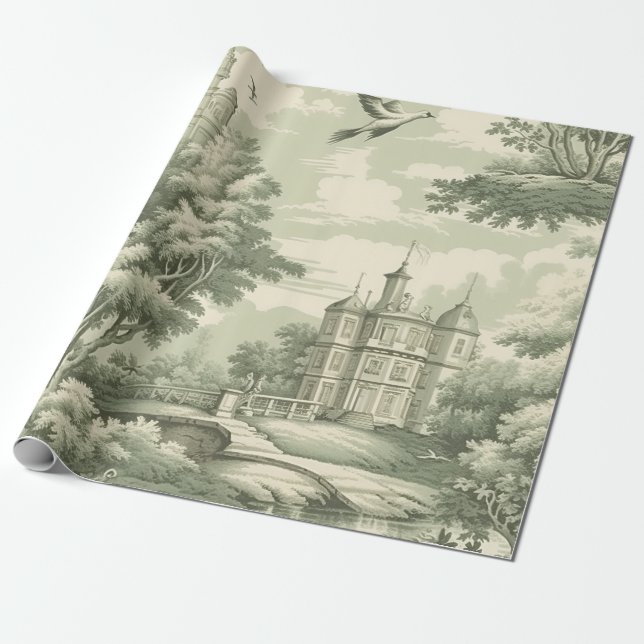 Historic Green French Scenic Toile Pattern Wrapping Paper (Unrolled)