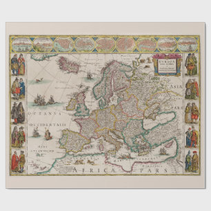Historic Map of Mediaeval Europe (by Willem Blaeu) Wrapping Paper