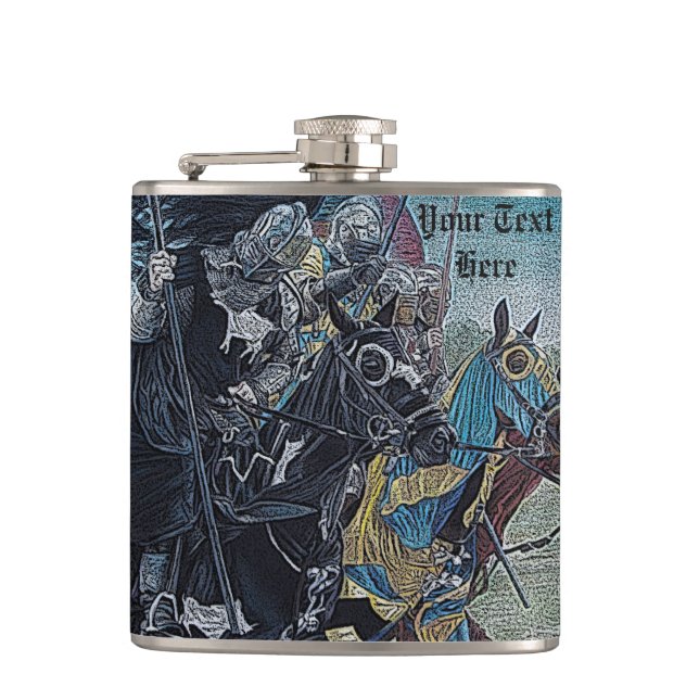 historic mediaeval knights jousting on horses hip flask (Front)