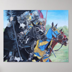 historic mediaeval knights jousting on horses poster