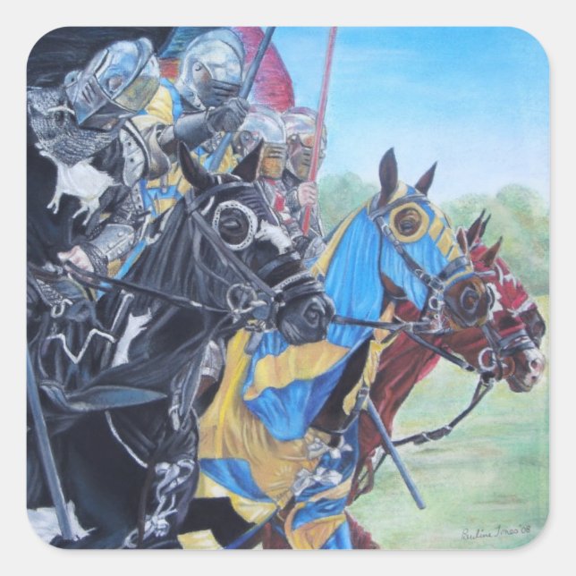 historic mediaeval knights jousting on horses square sticker (Front)