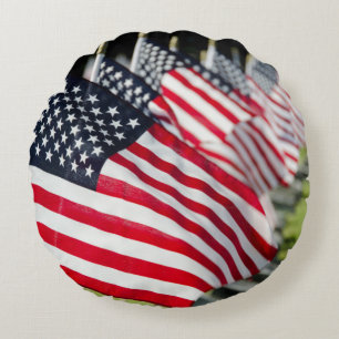 Historic military cemetery with US flags Round Cushion