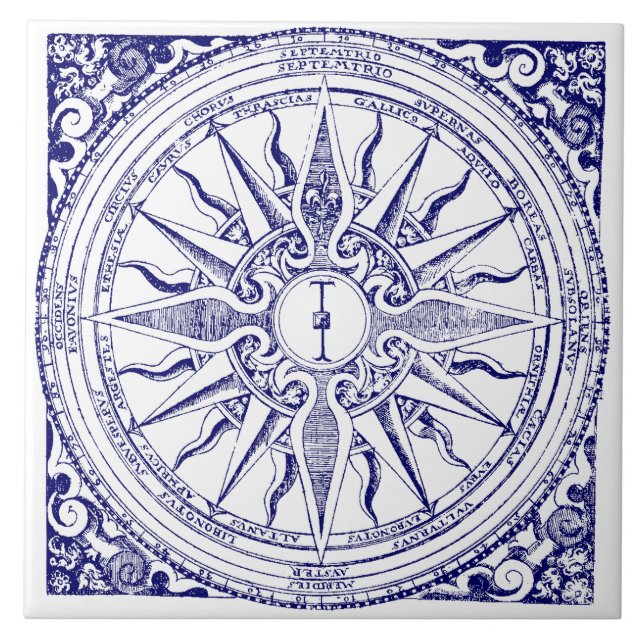 Historic Nautical Compass Blue & White Print Ceramic Tile (Front)