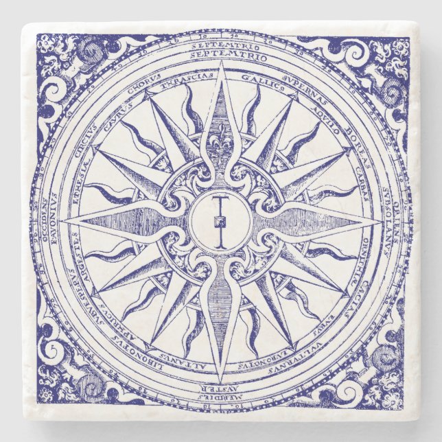 Historic Nautical Compass Blue & White Print Stone Coaster (Front)