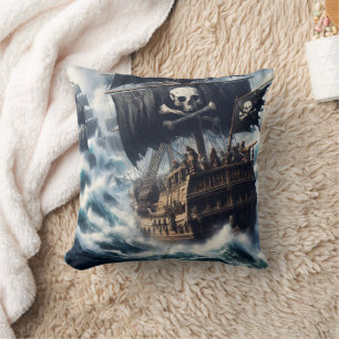 Historic Pirate Ship Battling Rough Seas Cushion