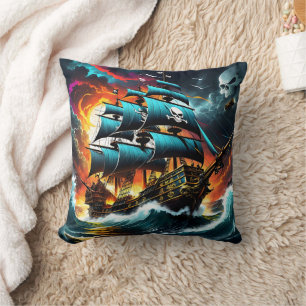 Historic Pirate Ship Sailing Through Stormy Waters Cushion