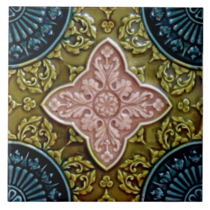 Historic Repro Rose, Green, Indigo Majolica Ceramic Tile
