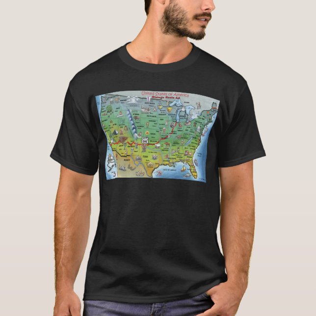 Historic Route 66 Cartoon Map T-Shirt (Front)