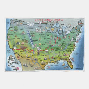 Historic Route 66 Cartoon Map Tea Towel