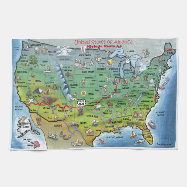Historic Route 66 Cartoon Map Tea Towel (Horizontal)