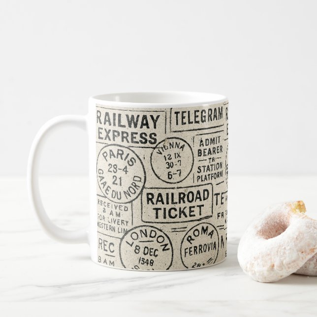 Historic Travel Mug with Retro Ticket and Postmark (With Donut)