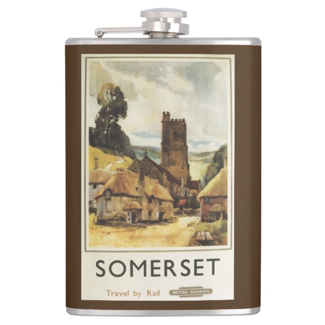 Historic Village Scene British Railway Poster Hip Flask (Front)