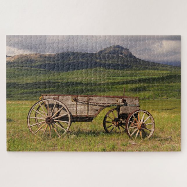 Historic Wagon Left In A Pasture Jigsaw Puzzle (Horizontal)