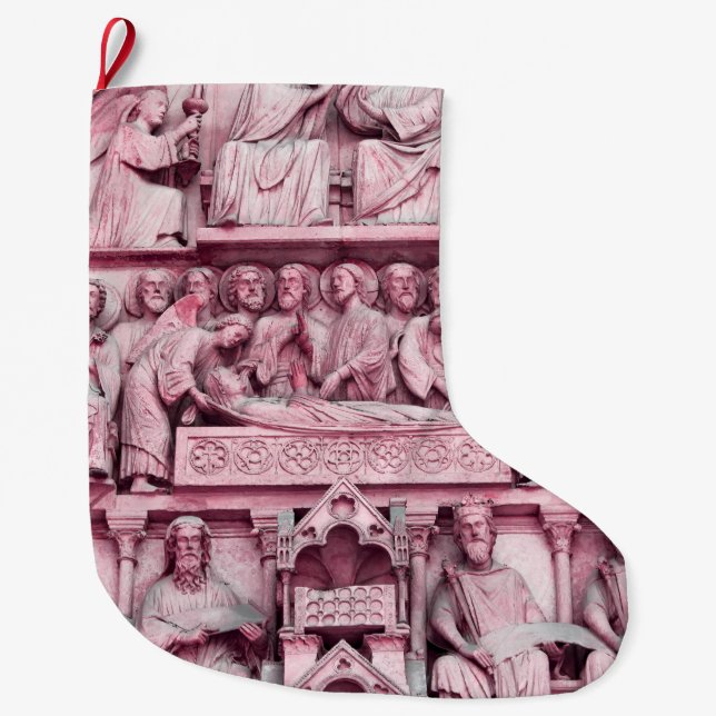 Historical, Christian sculptures Notre Dame Paris Large Christmas Stocking (Front)