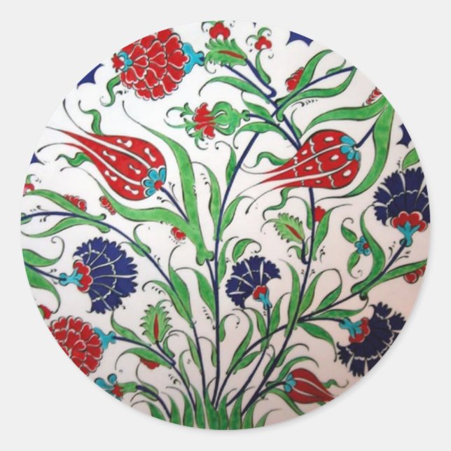 Historical Dianthus and Tulip Pattern - Tile Art Classic Round Sticker (Front)