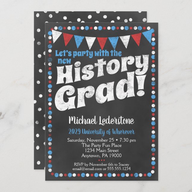 History Graduation Party Invitation Red Blue (Front/Back)