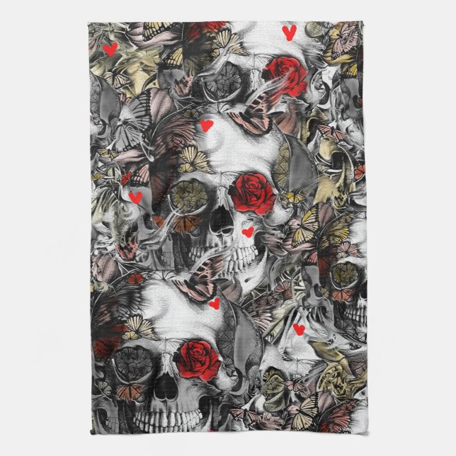 History repeats, rose skull pattern tea towel (Vertical)
