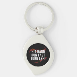 Hit Hard Run Fast Turn Left Funny Baseball Player Key Ring