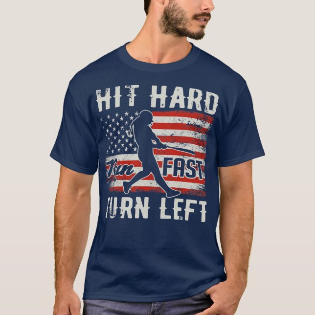Hit Hard Run Fast Turn Left USA Flag Softball Play T-Shirt (Front)