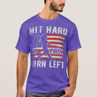 Hit Hard Run Fast Turn Left USA Flag Softball Play T-Shirt