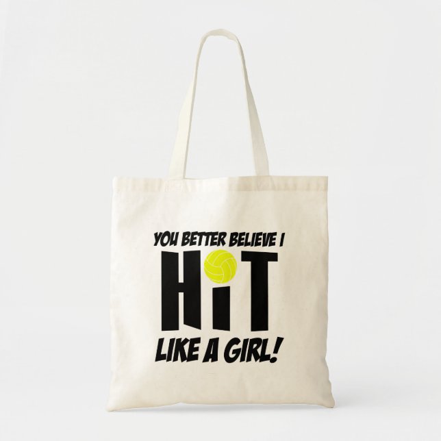 hit like a girl volleyball tote bag (Front)