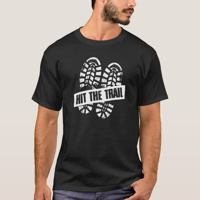 Hit The Trail Fun Hiking Boot Prints  Adventure T-Shirt (Front)