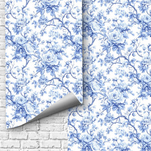 Hit Traditional Blue Toile Roses Floral Wallpaper
