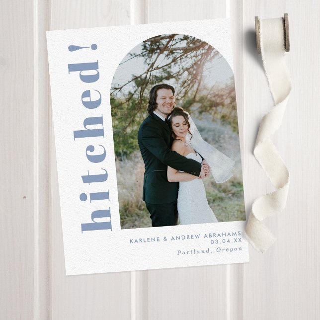 Hitched Arch Photo Dusty Blue Wedding Elopement  Announcement (Creator Uploaded)