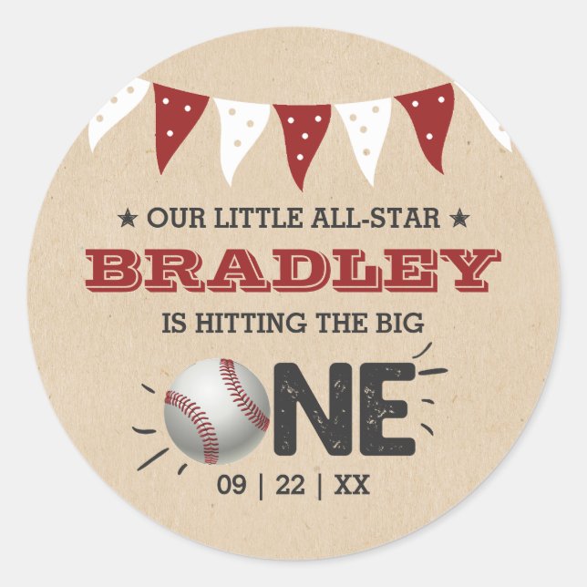 Hitting The Big One | Baseball 1st Birthday Classic Round Sticker (Front)