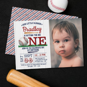 Hitting The Big One Baseball 1st Birthday Photo Invitation