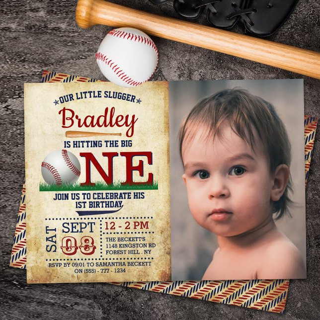 Hitting The Big One Baseball 1st Birthday Photo Invitation (Creator Uploaded)