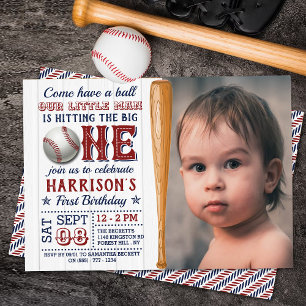 Hitting The Big One Baseball 1st Birthday Photo Invitation