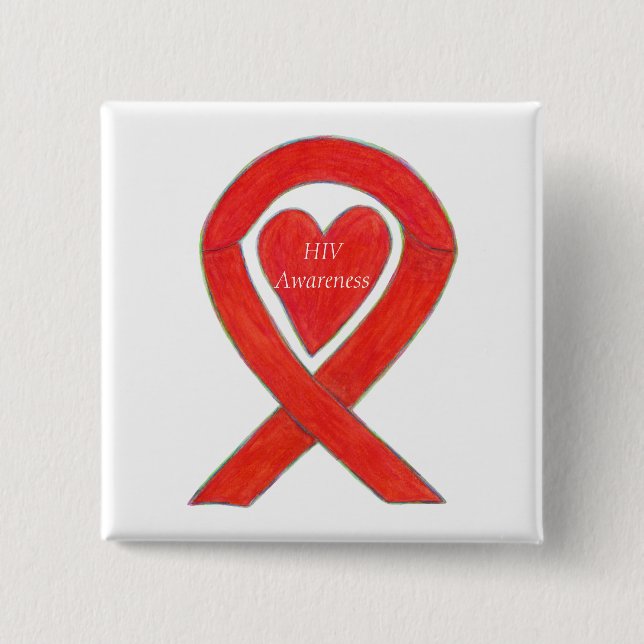HIV Awareness Heart Ribbon Custom Art Pin (Front)