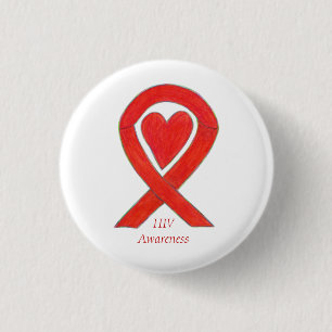 HIV Awareness Heart Ribbon Custom Art Pin