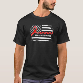 HIVAIDS Awareness American Flag  Red Ribbon T-Shirt