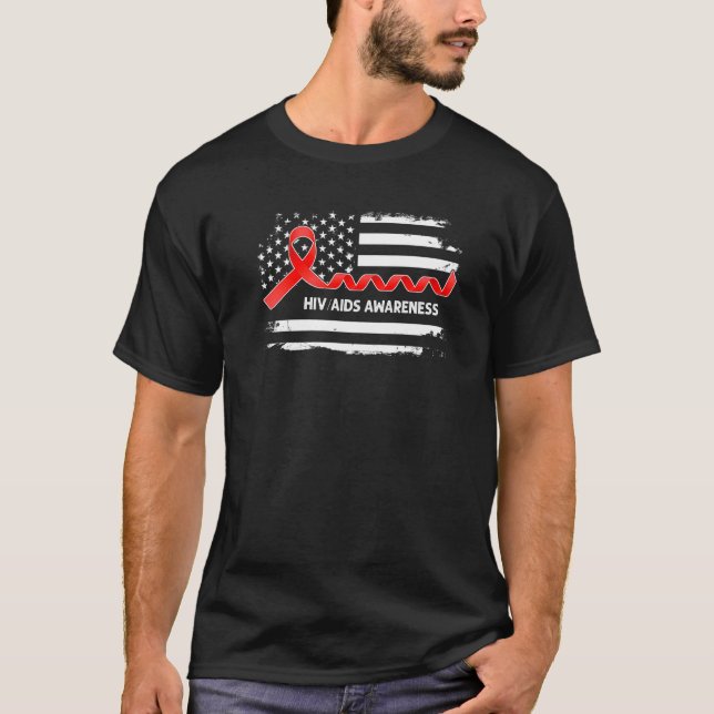 HIVAIDS Awareness American Flag  Red Ribbon T-Shirt (Front)