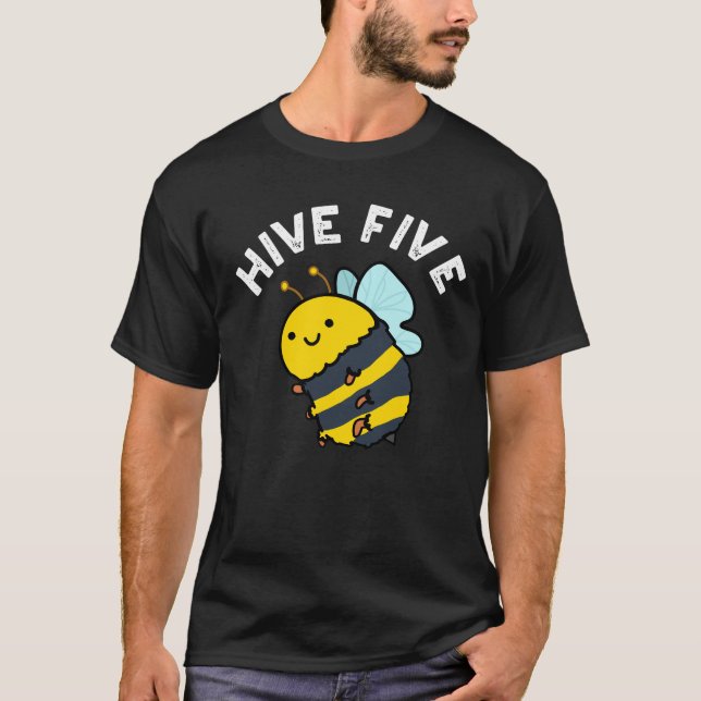 Hive Five Funny High Five Bee Pun Dark BG T-Shirt (Front)