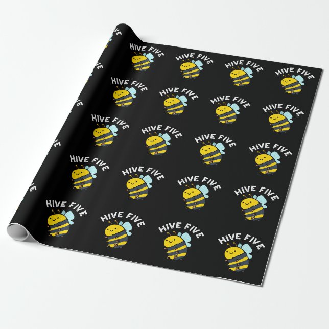 Hive Five Funny High Five Bee Pun Dark BG Wrapping Paper (Unrolled)