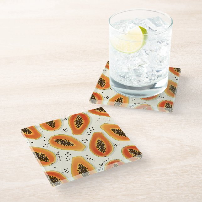 Hiya Papaya Pattern  Glass Coaster (Angled)