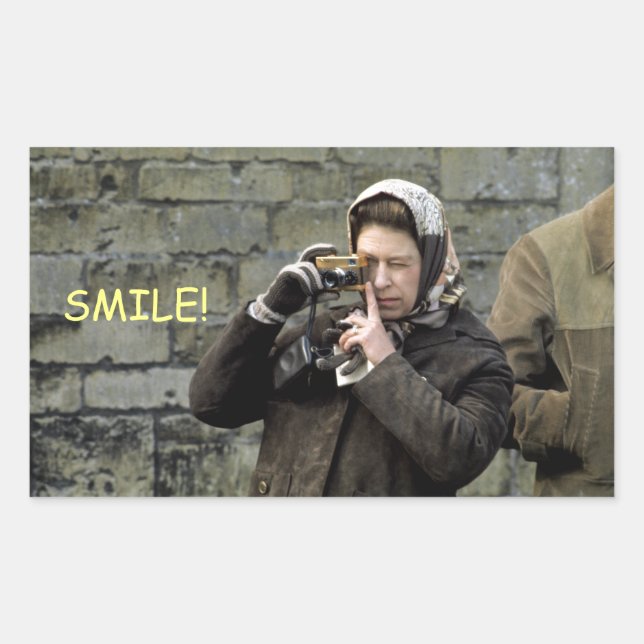 HM Queen Elizabeth Camera Smile! Rectangular Sticker (Front)