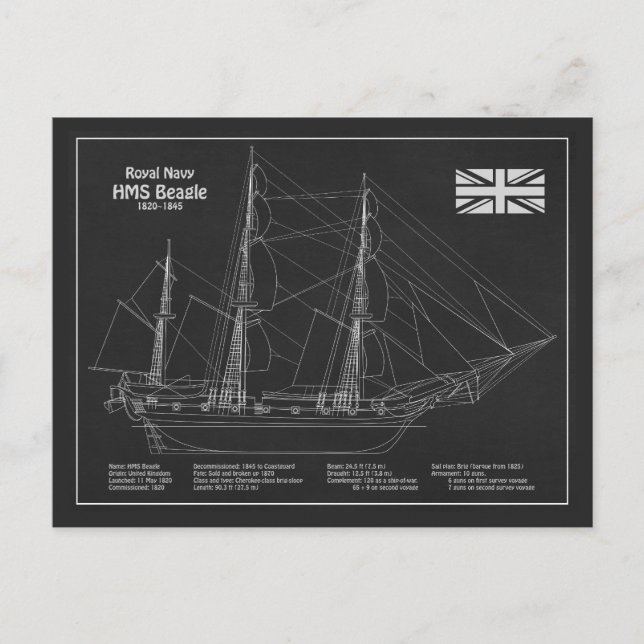 HMS Beagle Tall Ship - Ship Blueprint PBD Postcard (Front)