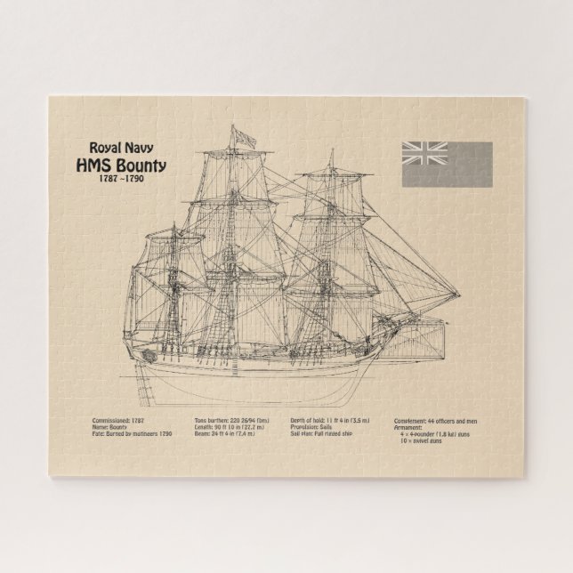 HMS Bounty - Ship Blueprint Plans SD Jigsaw Puzzle (Horizontal)