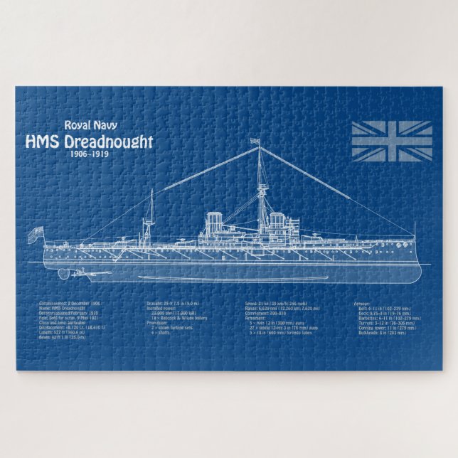 HMS Dreadnought - Ship Blueprint ABD Jigsaw Puzzle (Horizontal)