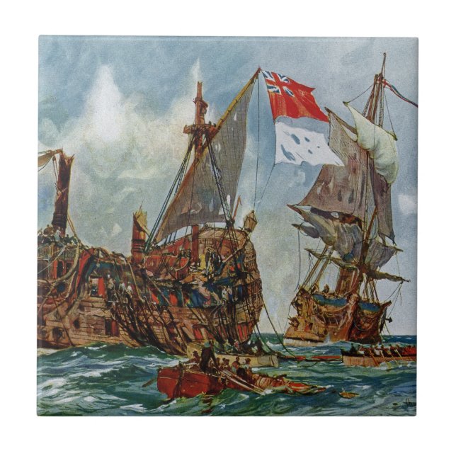 HMS Nottingham and battleship Mars 1703 Ceramic Tile (Front)