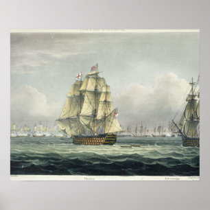 HMS Victory sailing for the French line flanked by Poster