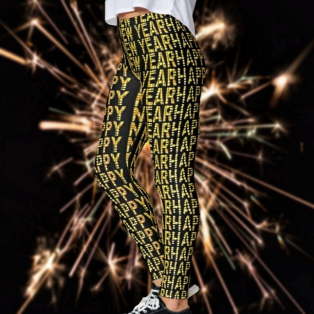 HNY-Yellow Gold Leggings (These HNY Yellow-Gld Leggings in black, boldly, welcomes in the New Year, with glamour!)