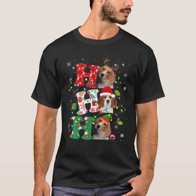 Ho3 Christmas Lights Santa Elf Reindeer Beagle T-Shirt (Front)