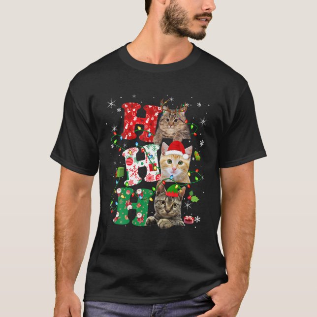 Ho3 Funny Christmas Lights Santa Elf Reindeer Cat T-Shirt (Front)
